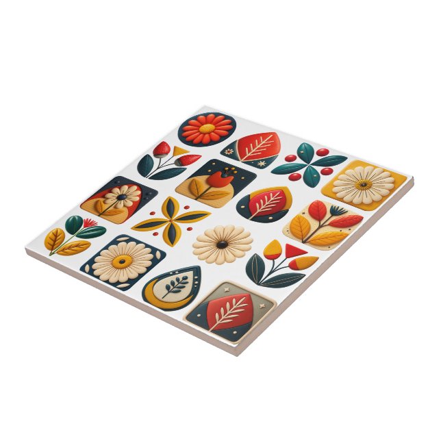 Azulejo Énfasis de mosaico floral de arte popular retro (Lado)