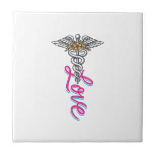 Azulejo Enfermera Amor Caduceo Floral Médico Diseño Vertic