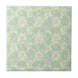 Azulejo Enrejado vintage azul verdoso con vid botánica