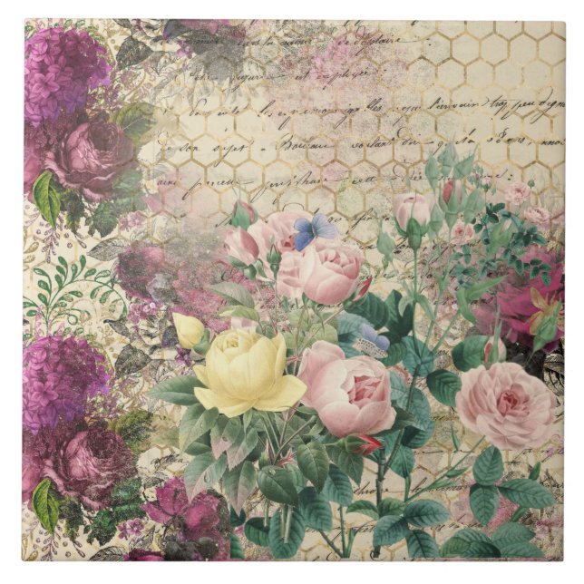 Azulejo Ephemera floral rosa con colmena y escritura a man (Frente)