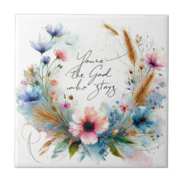 Azulejo Eres el Dios que se queda, acuarela floral