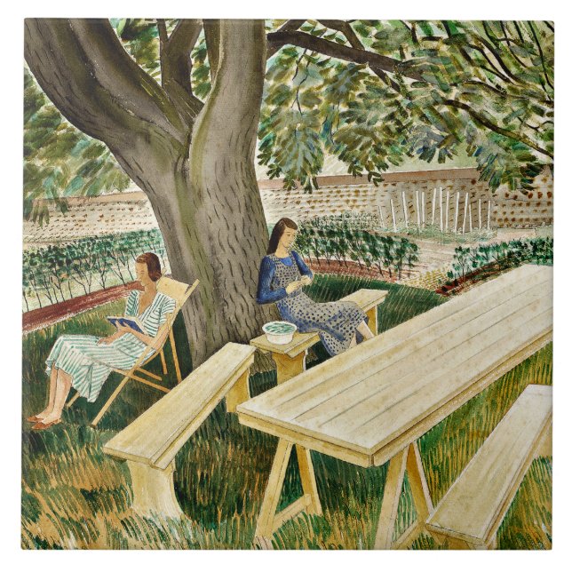 Azulejo Eric Ravilious, Dos mujeres en un jardín, (Frente)