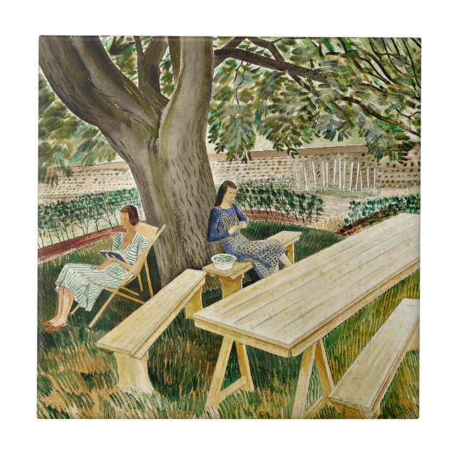 Azulejo Eric Ravilious, Dos mujeres en un jardín, (Frente)