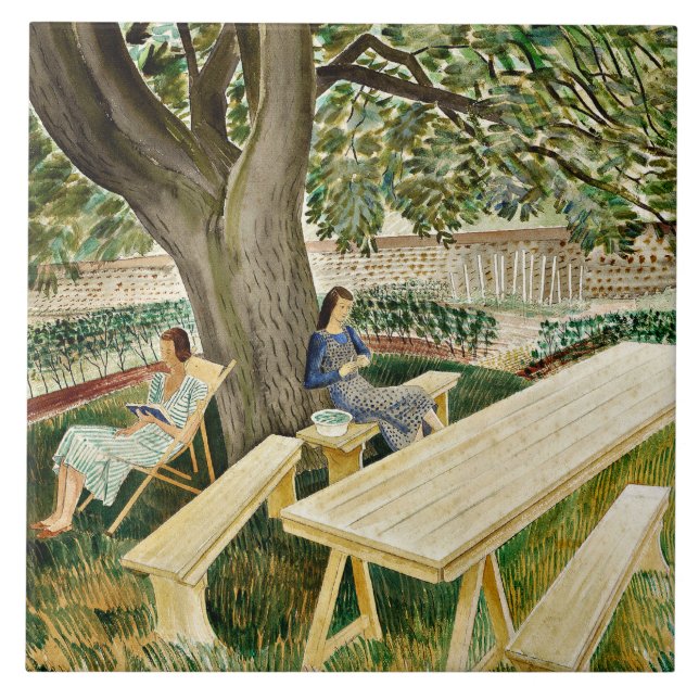 Azulejo Eric Ravilious - Dos mujeres en un jardín, arte fi (Frente)