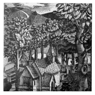 Azulejo Eric Ravilious - Iglesia bajo una colina,