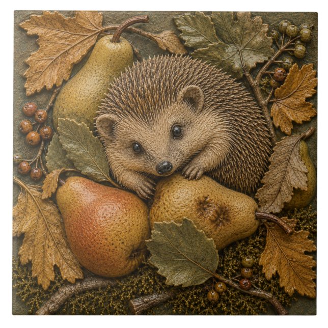 Azulejo Erizo de Otoño & Peras Fauna del Bosque  (Frente)