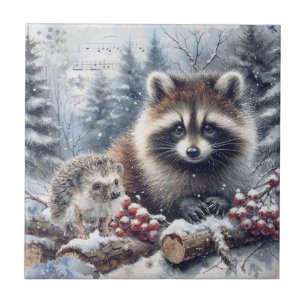 Azulejo Erizo Mapache De Navidad Invernal Bosque