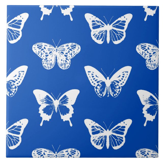 Azulejo Esbozo de mariposa, azul cobalto y blanco (Frente)