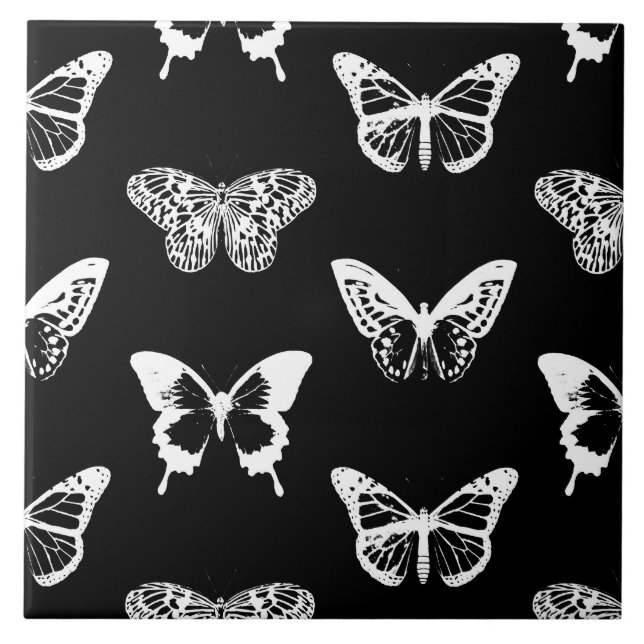 Azulejo Esbozo de mariposa, blanco y negro (Frente)