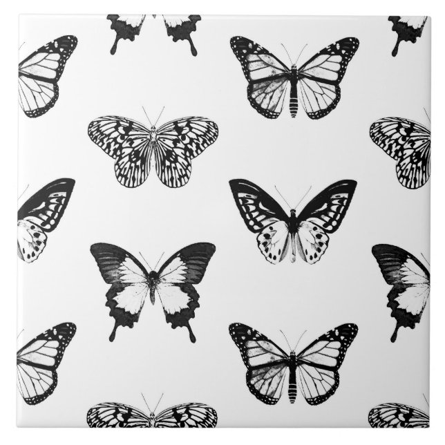 Azulejo Esbozo de mariposa, blanco y negro (Frente)
