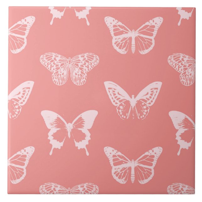 Azulejo Esbozo de mariposa, rosa de coral (Frente)