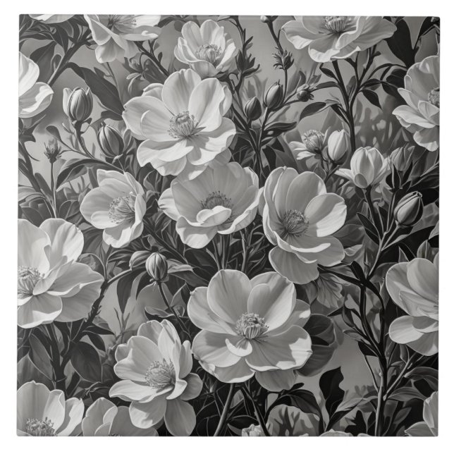 Azulejo Escala de grises de pintura al óleo de flores (Frente)