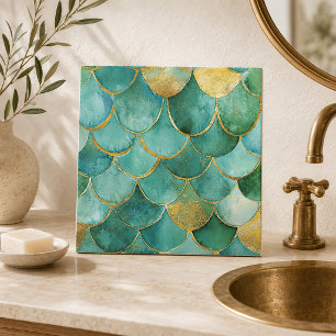 Azulejo Escamas de Sirena Elegantes en Turquesa y Dorado S