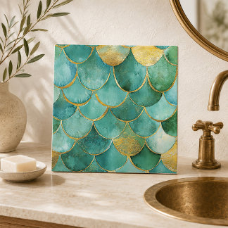 Azulejo Escamas de Sirena Elegantes en Turquesa y Dorado S