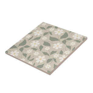 Azulejo Escandinavo Moderno Floral Suave Beige y Verde