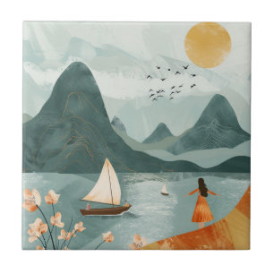 Azulejo Escape Romántico del Lago Teal bajo el Sol Dorado