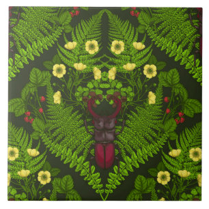 Azulejo Escarabajo y helechos, hojas verdes