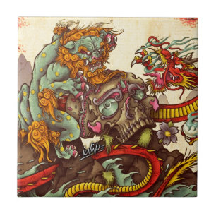 Azulejo Escena asiática con el perro y el dragón del foo