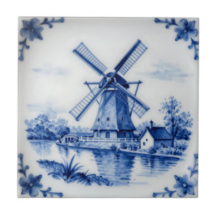 Azulejo Escena clásica del molino de viento en el canal de