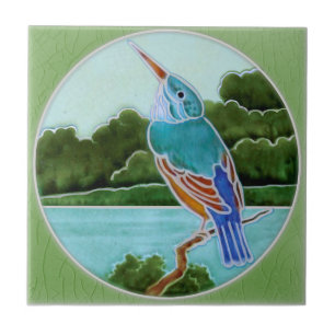 Azulejo Escena con Kingfisher c1900 T+R Boote Antique Repr