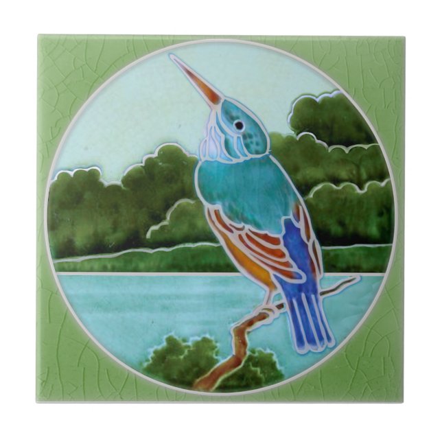 Azulejo Escena con Kingfisher c1900 T+R Boote Antique Repr (Frente)