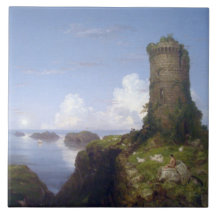 Escena costera italiana con una torre en ruinas