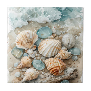 Azulejo Escena de agua de mar costera con madera flotante 