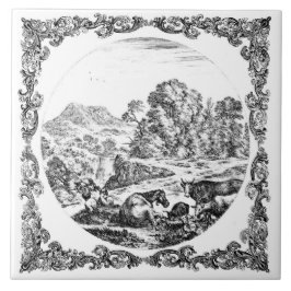 Azulejo Escena de animales de granja Delft vintage en negr