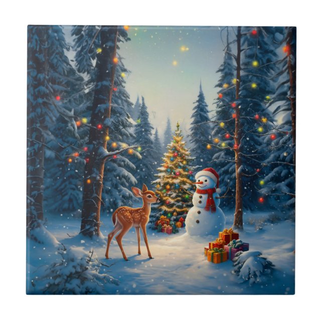 Azulejo Escena De Árbol De Navidad Cute Deer Fawn Snowman (Frente)