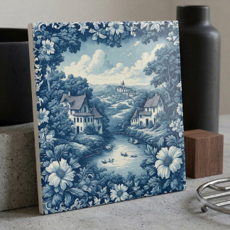 Azulejo Escena de Canal de Agua de Granja Francesa del Paí