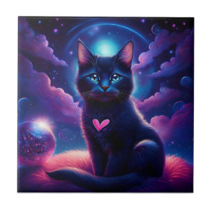 Azulejo Escena de fantasía gatito negro hermosos ojos azul