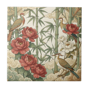 Azulejo Escena de jardín oriental de peonías pájaros bambú