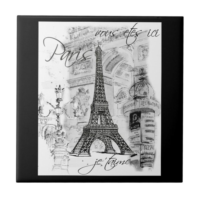Azulejo Escena de la Torre Eiffel Blanco y Negro de París (Frente)