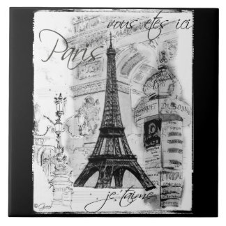 Azulejo Escena de la Torre Eiffel Blanco y Negro de París