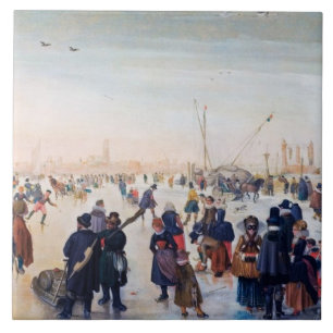 Azulejo Escena De Patinaje Hielo. navidades Bellas Artes R