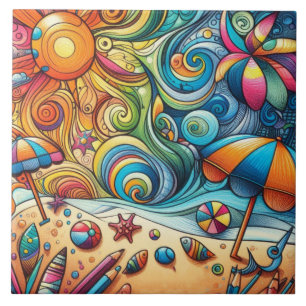 AZULEJO ESCENA DE PLAYA CON REMOLINOS COLORIDOS DIVERTIDOS