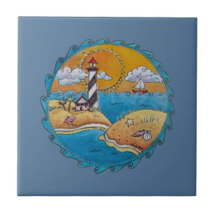 Azulejo Escena de playa de faro caprichosa Arte popular co