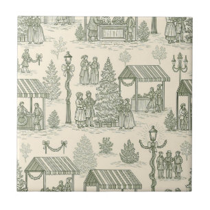 Azulejo Escena de pueblo navideño vintage en toile verde (