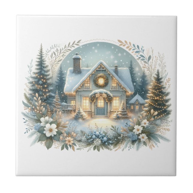 Azulejo Escena de Resplandor de Cabaña Nevada (Frente)