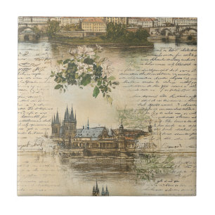 Azulejo Escena de río europeo vintage - Letra manuscrita