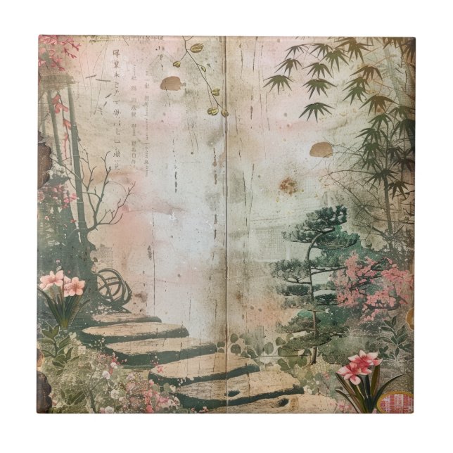 Azulejo Escena del Jardín de Flor de Cerezo (9) (Frente)