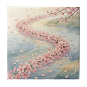 Azulejo Escena en acuarela del río de flor de cerezo rosa