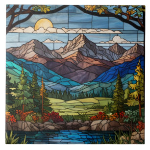 Azulejo Escena montañosa de bosque vidrio teñido vintage