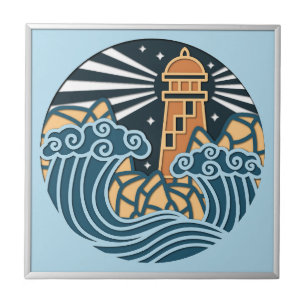 Azulejo Escena nocturna del faro náutico del océano