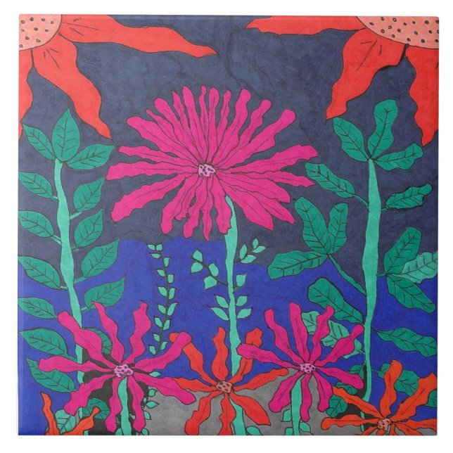 Azulejo Escena nocturna en el jardín de flores (Frente)