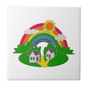 Azulejo Escena rural personalizado con arcoiris y casa de