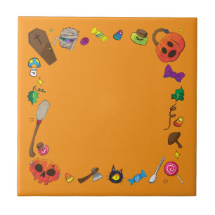 Azulejo Escoba de bruja de Halloween linda naranja