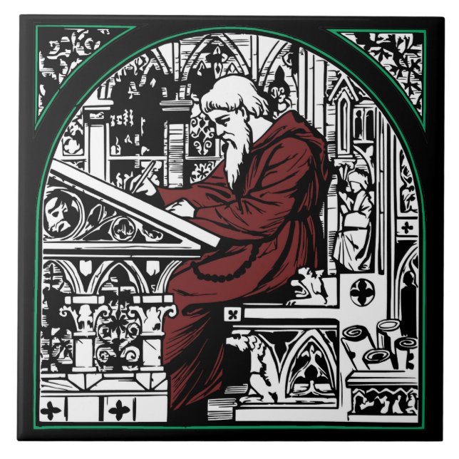 Azulejo Escritorio de escritura medieval y monje (Frente)