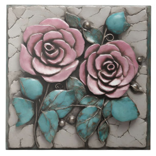 Azulejo Escultura botánica rosa superpuesta sobre mármol b