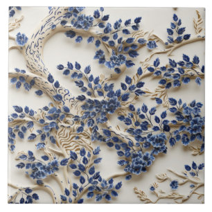 Azulejo Escultura de árbol azul y blanco, flores azules